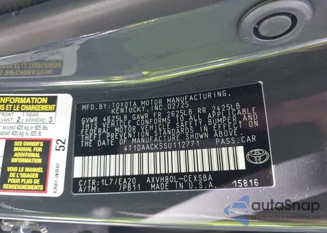 2025 Toyota Camry Se from USA, damaged, VIN 4T1DAACK5SU112771